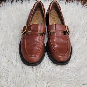 Sam Edelman Chestnut Leather Loafers with Gold Buckle